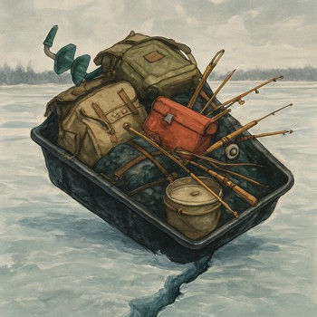 Heavily loaded sled parked near a visible crack in the ice