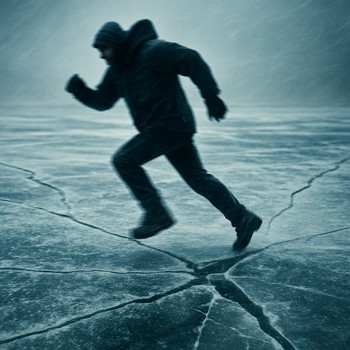Person walking quickly on thin, cracked ice near the shore at dusk