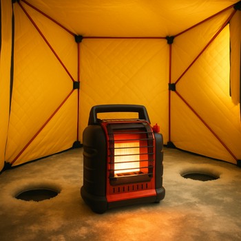Compact propane heater glowing inside a small ice shelter with clear safety space