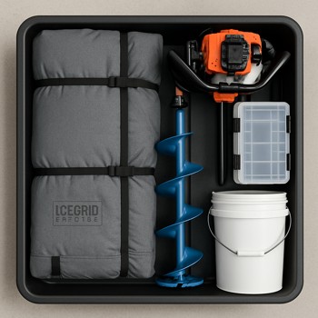 Top view of an ice sled with shelter and gear arranged in neat grid slots