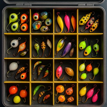 Open tackle box with lures sorted in a neat grid under a cool cyan light