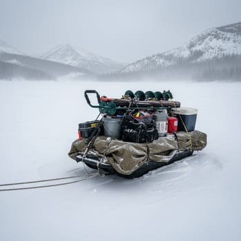 Packed kit sitting on snow at the start of a marked lane