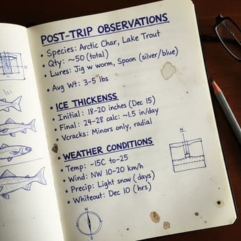 Open notebook with short handwritten notes after a night ice trip