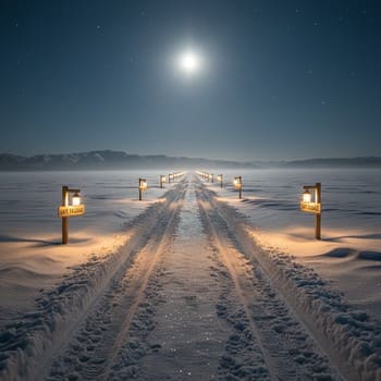 Footprints and a sled trail forming one lane across the ice