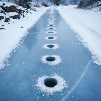 Row of drilled ice holes forming a straight fishing strip