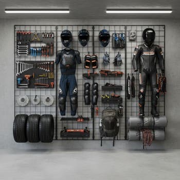 Garage wall shelf with several labelled ice fishing kits in a tidy grid