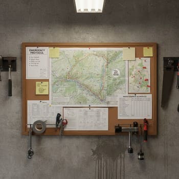 Garage wall board with lane cards, weather notes and emergency strip