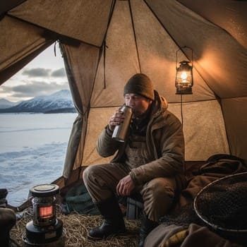Anglers taking a warm drink break inside a lit ice shelter