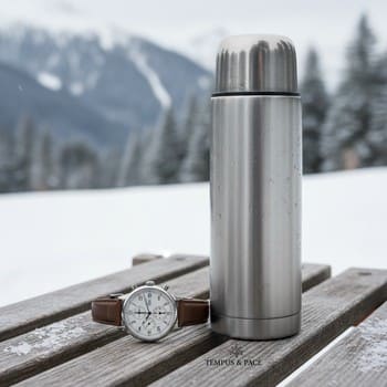 Thermos and watch resting on a bench before a night trip