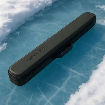 Slim rod case resting on the dark ice beside a sled
