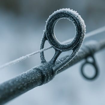 Close view of an ice rod and line guides under cool blue light