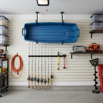 Packed sled stored upright on wall hooks with gear cubes still inside