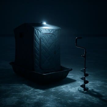 Compact solo ice fishing sled with shelter and auger strapped under a headlamp beam