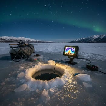 Portable sonar unit standing beside a freshly drilled ice hole