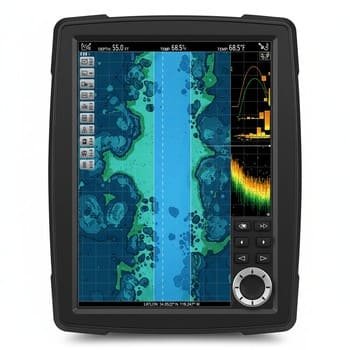 Overhead view of a sled, sonar and holes aligned on one ice lane