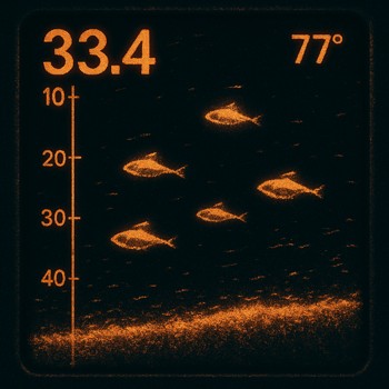 Sonar view with clear bait line and mid-depth fish marks at night