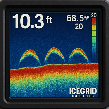Sonar screen with shallow cyan arches just under the ice line