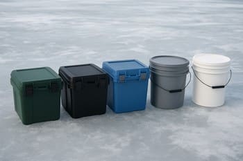 Mix of crates and bucket seats arranged in a row on the ice