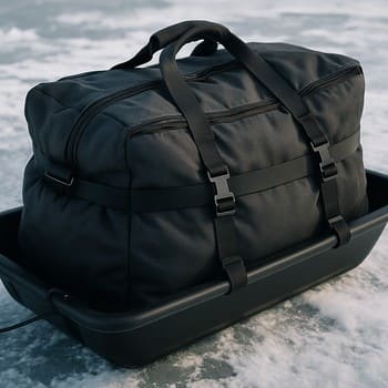 Soft gear bag strapped to a sled rail under cool night light