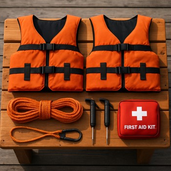 Bench with neatly sorted safety picks, ropes and reflectors under cool light