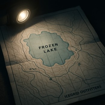 Folded grid map and headlamp resting on a sled ready for a night ice route