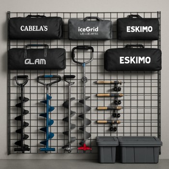 Wall with ice shelters, augers and sleds hanging in a clean grid