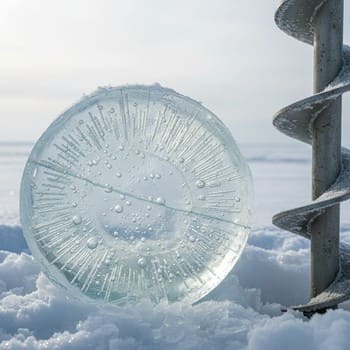 Close view of a clean ice cross section beside a drill