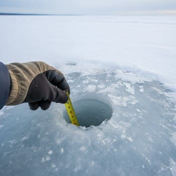 Hand holding a tape measure in a drilled ice hole to check thickness