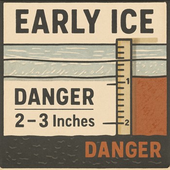Angler checking early-season ice thickness with a measuring stick at the edge