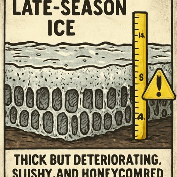 Late-season ice with wet patches and caution flag marking the edge