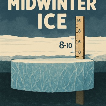 Clean midwinter ice with drilled holes and a clear thickness mark on a gauge