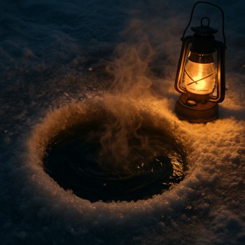 Lantern beside a steaming hole on dark blue ice at night