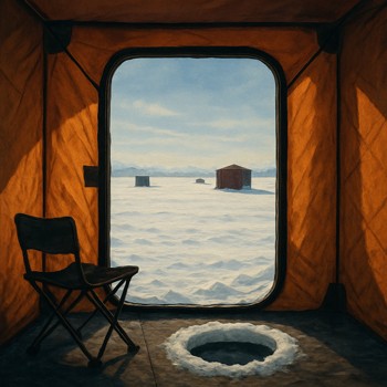 Open shelter door with warm light spilling onto dark ice