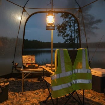 Angler wearing a reflective vest walking across night ice