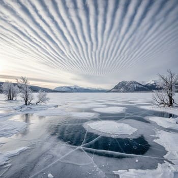 Cloud bands over a frozen lake at dusk